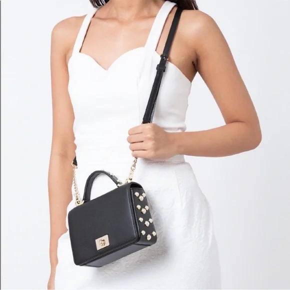 KATE SPADE Black Glitter Leather Serrano Place Pearl Mini Satchel Crossbody Bag
